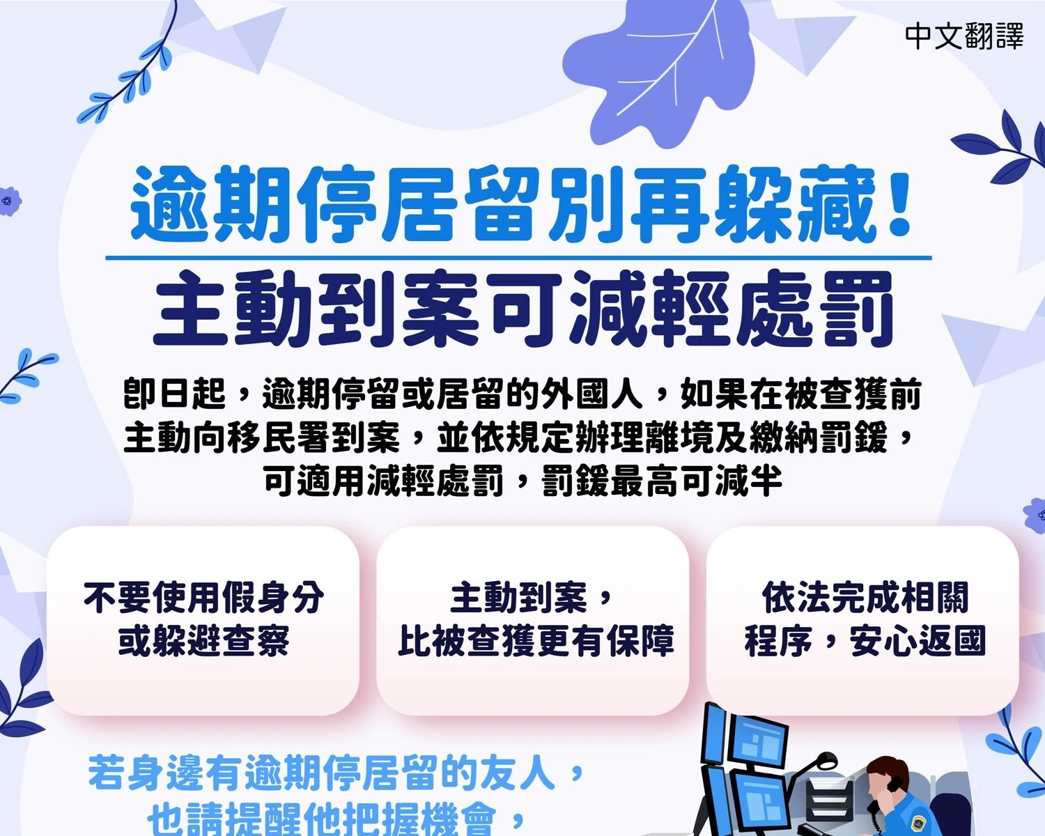 1150826 逾期停居留別再躲藏！主動到案可減輕處罰