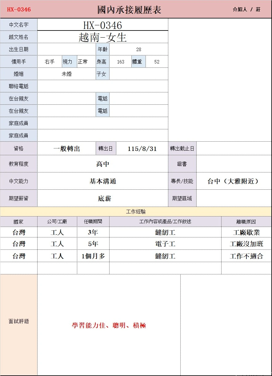 【越南-女生】HX-0346電子工/縫紉工